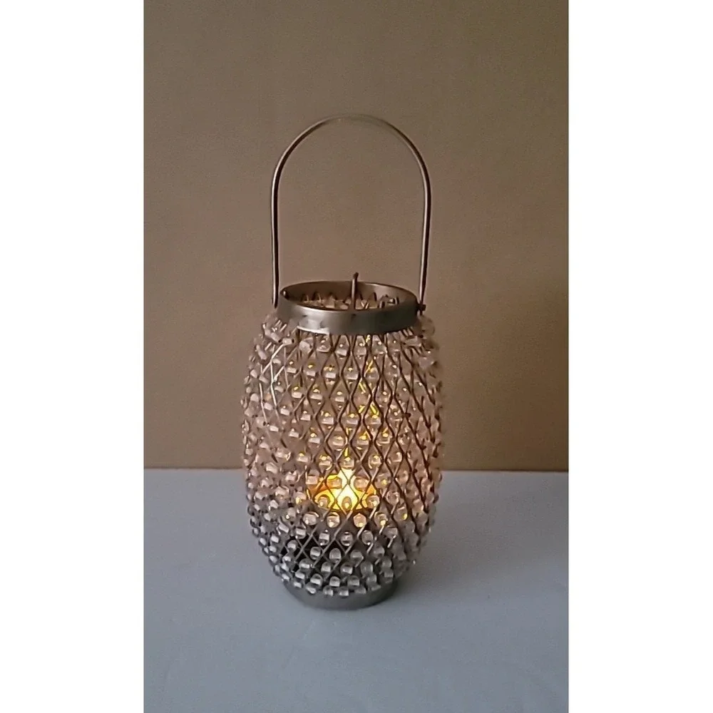 Silver Metal & Clear Glass Beads Tea Light Candle Holder 7